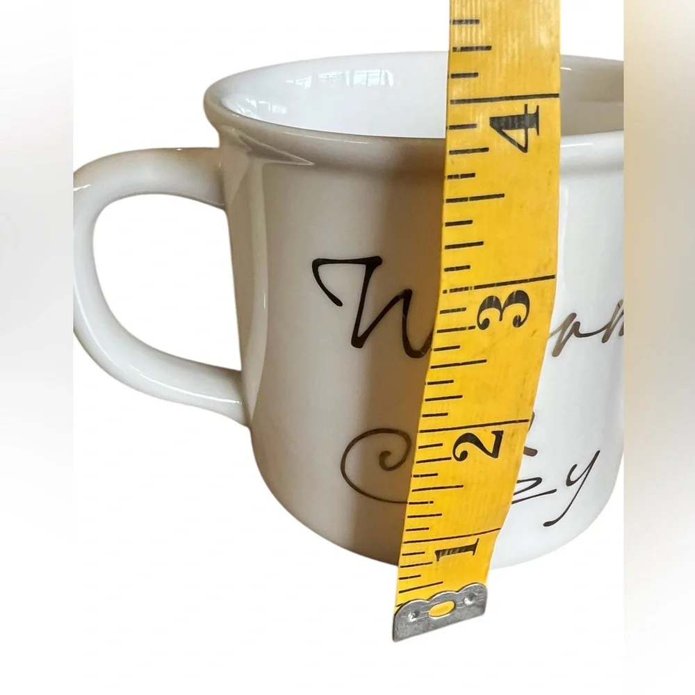POTTERY BARN Warm & Cozy Large White Mug Gold-tone Metallic Font Dishwasher Safe